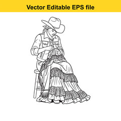 Line art illustration of a cowgirl sitting on a stool, sewing a ruffled skirt, isolated on