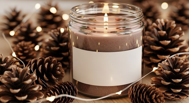 A cozy scented candle in a glass jar with a blank label, surrounded by pine cones and warm fairy lights. - Powered by Adobe