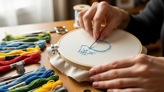 Embroidery Art - Close-Up of Hand Stitching a Heart Design.