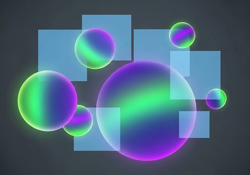Iridescent Spheres and Translucent Squares Floating in a Dark Void - Powered by Adobe