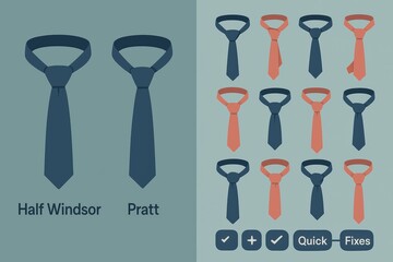 Visual Guide for Mastering Tie Knots Featuring Half Windsor and Pratt Styles with Intuitive Color Coding and Quick Fixes for Effortless Elegance