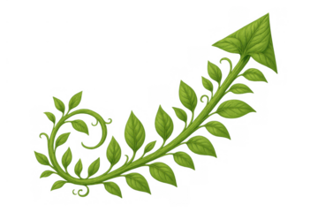 Green plant vine forming an upward arrow symbolizing growth, development, environmental progress, and sustainability