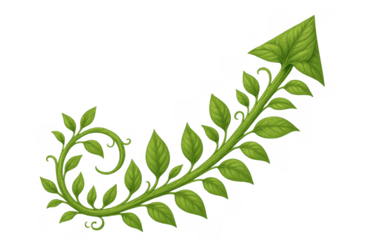Green plant vine forming an upward arrow symbolizing growth, development, environmental progress, and sustainability