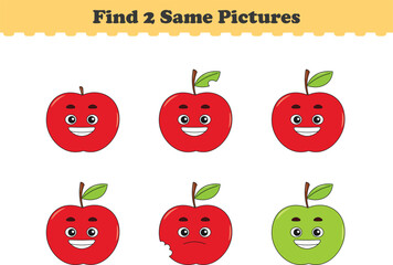 Funny cartoon fruits. Find two same pictures. Educational game for children. Cartoon vector illustration