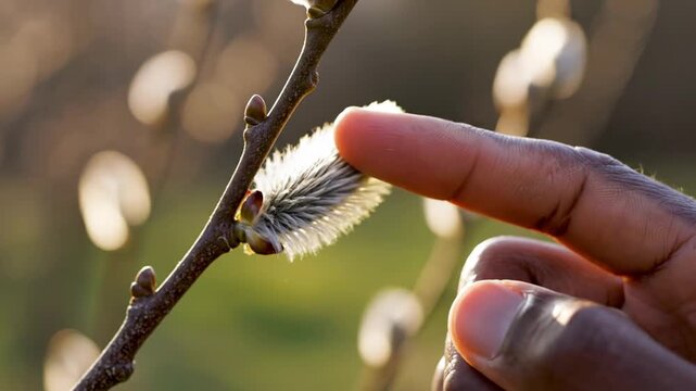 Close up of a hand touching a pussy willow branch in nature.