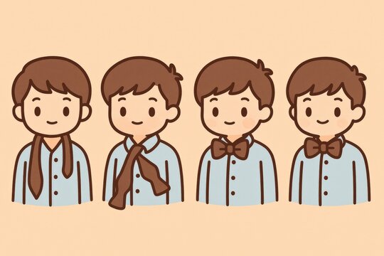 Character evolution showcasing versatility in neckwear styles from casual to formal expressions and refining identity through personal presentation in a modern visual aesthetic