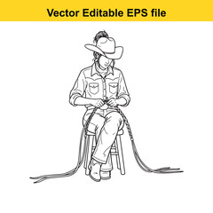 Cowgirl sitting on a stool, meticulously braiding a whip, isolated on