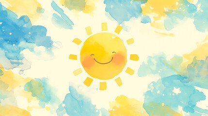 優しい笑顔の可愛い太陽と青空の水彩イラスト