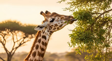 A majestic giraffe with a spotted coat gracefully eating green leaves from a tree in the African savanna at sunset.