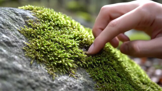 Closeup of a hand touching vibrant green moss on a rock surface.