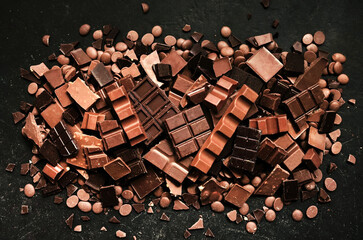 Various chocolates and candies, sweet confectionary collection, chocolate background
