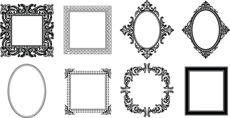 Vintage frame vector set, ornate black borders, antique photo frames, retro baroque mirror illustration, classic decorative square and oval design collection.