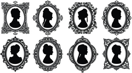 Vintage silhouette cameo set of woman profiles in ornate frames, antique Victorian portrait vector illustration, retro female head icons with decorative borders collection.