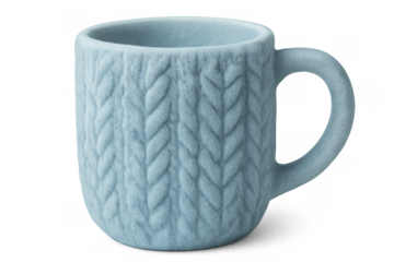 Blue ceramic mug featuring a cable knit texture, warm drinkware for comfort and home, isolated on transparent background