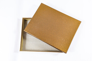 Open gift present golden box paper cardboard on white background