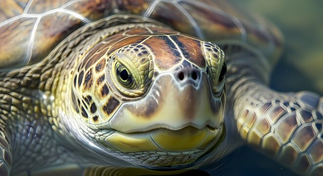 Close-up portrait of a majestic green sea turtle swimming in clear ocean water, showcasing its intricate patterns and serene expression.