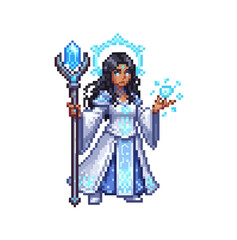 pixel art crystal priestess channeling radiant floating healing crystals