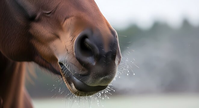Close-up of a brown horse's muzzle exhaling vapor in cold weather, showing breath mist from its nostrils.