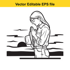 A woman with her hands clasped in prayer, facing a sunrise or sunset, depicted in a simple, elegant line art style with a clean