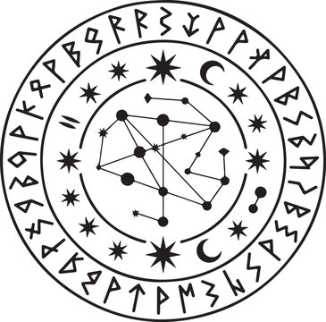 A striking black silhouette magic circle featuring intricate runic engravings and geometric celestial symbols