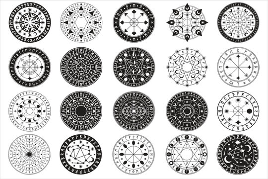 A striking black silhouette magic circle featuring intricate runic engravings and geometric celestial symbols