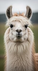 Obraz premium Close-up portrait of a fluffy white llama with a calm expression looking directly at the camera in an outdoor setting.