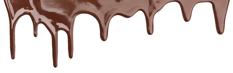 Tasty melted chocolate dripping on white background