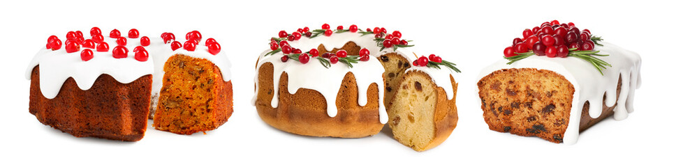 Christmas cakes decorated with cranberries and rosemary isolated on white, set