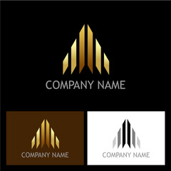 Sophisticated company logo design portraying growth and innovation with architectural elements in varied color schemes highlighting corporate identity and brand versatility
