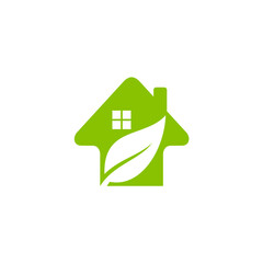 Symbol of eco-friendly home, featuring a green house outline with a superimposed leaf, creating a visual representation of sustainable living and energy-efficient design concept