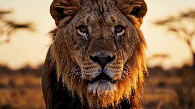Close-up portrait of a male lion looking directly at the camera with warm, golden lighting in a savannah landscape.