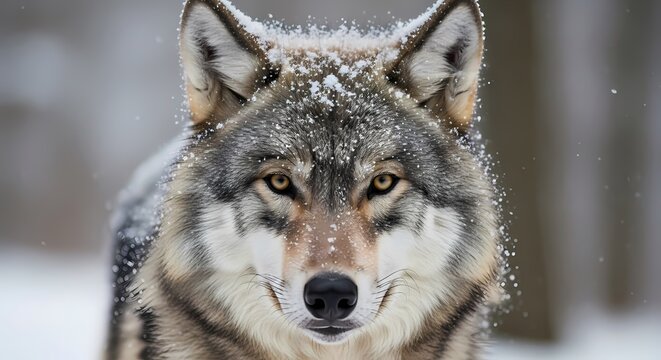 A close-up portrait of a majestic grey wolf with snow on its fur, looking directly at the camera in a winter forest setting. - Powered by Adobe