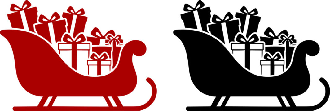 Santa's sleigh loaded with presents icon, a simple black vector silhouette of a traditional Christmas sled carrying wrapped gift boxes with bows
