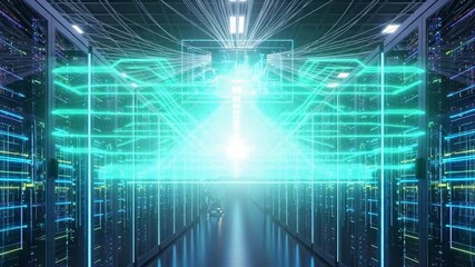 Futuristic server room with glowing blue lights and robotic arm, representing AI and data processing. - Powered by Adobe