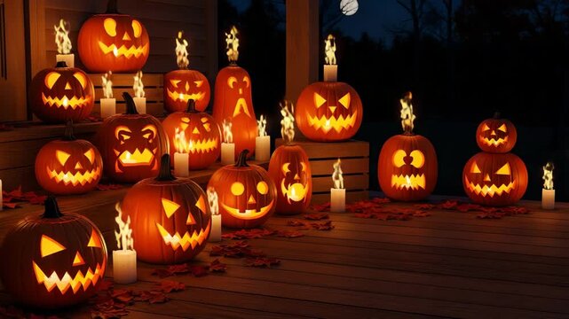 Carved halloween pumpkins lit by candles at night creating festive autumn atmosphere - Powered by Adobe