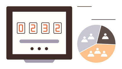 Digital counter on a screen paired with a human-representative pie chart. Ideal for analytics, statistics, teamwork, data visualization, business planning, performance tracking, simple flat metaphor