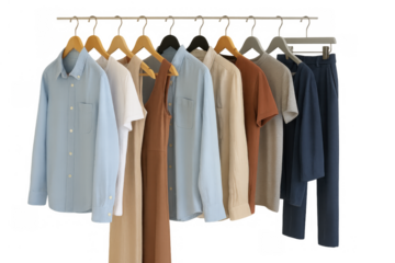 Clothes hanging on a rail, showcasing shirts, t-shirts, dresses, and trousers in a cohesive neutral color palette, transparent background