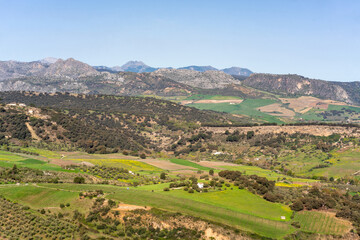 Ronda landscape featuring Sierra de Grazalema mountains and cultivate fields in Andalusia, Spain