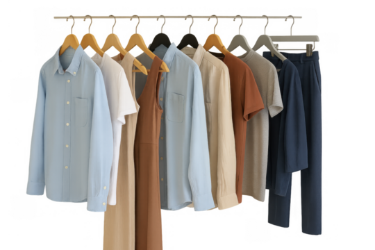 Clothes hanging on a rail, showcasing shirts, t-shirts, dresses, and trousers in a cohesive neutral color palette, transparent background