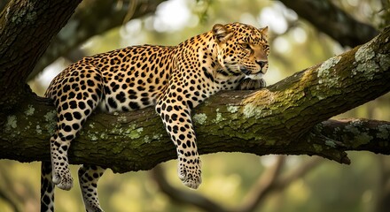 A majestic leopard with spotted fur rests peacefully on a thick, mossy tree branch in a natural habitat, showcasing its beautiful camouflage.