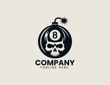 Bold black 8-ball and stylized skull face contained within a round bomb with a sparking fuse.