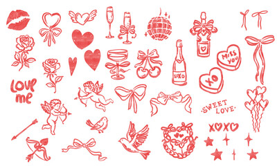 Valentine's Day Icon Set, Hand Drawn Red Love Elements, Romantic Vintage Clipart for Cards, Stickers, Invitations, Printables