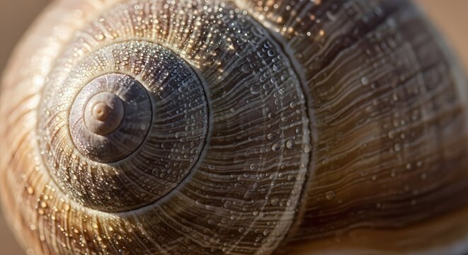 Close-up view of a brown snail shell with intricate spiral patterns and textured surface.