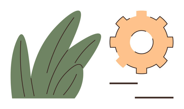 Leaves and a segmented gear in balanced composition. Ideal for sustainability, technology, innovation, ecology, environmental solutions, growth, renewable energy. Minimalist flat metaphor