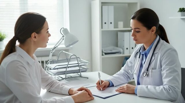 Doctor consults patient, writing notes in bright modern clinic setting