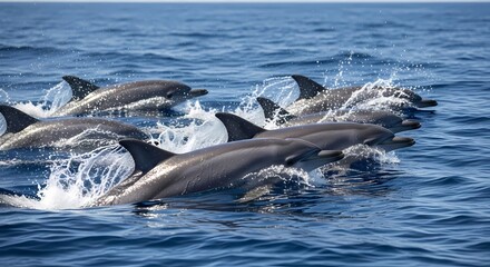 Fototapeta premium A group of dolphins leaping and splashing in the deep blue ocean water, showcasing their agility and natural habitat.