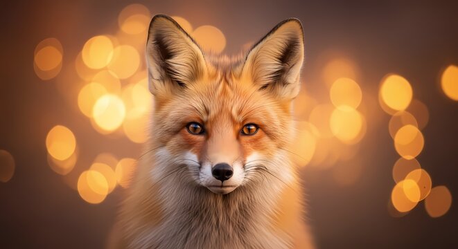 Captivating portrait of a red fox with bright orange bokeh lights in the soft background.