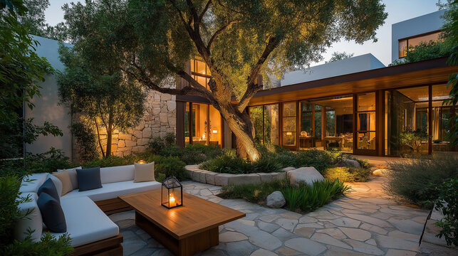 Luxury Outdoor Retreat: A beautifully designed outdoor living area, featuring a modern home with elegant lighting, lush landscaping, and inviting seating arrangements for ultimate relaxation. 