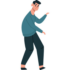 Smiling Man In Teal Long Sleeve Sweater And Dark Pants Poses With Arms Out On A White Background