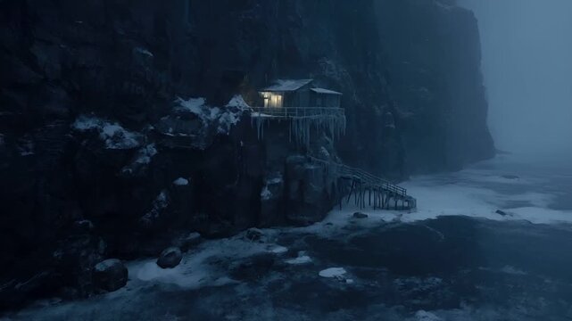 A moody, atmospheric scene featuring a wooden structure with icicles hanging from its roof, set against a backdrop of a misty, mountainous landscape. The structure is illuminated from within.